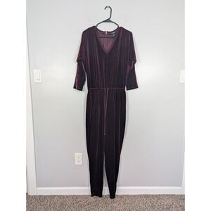 Lauren Ralph Lauren Jumpsuit M Plum Burgundy Velvet Waist Tie V-Neck Tapered